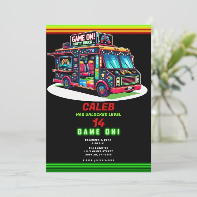 Holiday Lights Gaming Bus Truck Birthday Party Invitation (Standing Front)