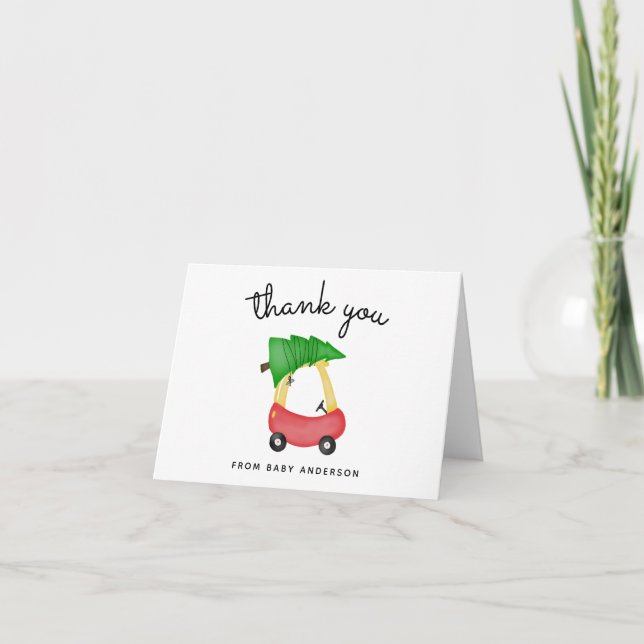 Holiday Little Red Car Baby Shower Thank You Card (Front)