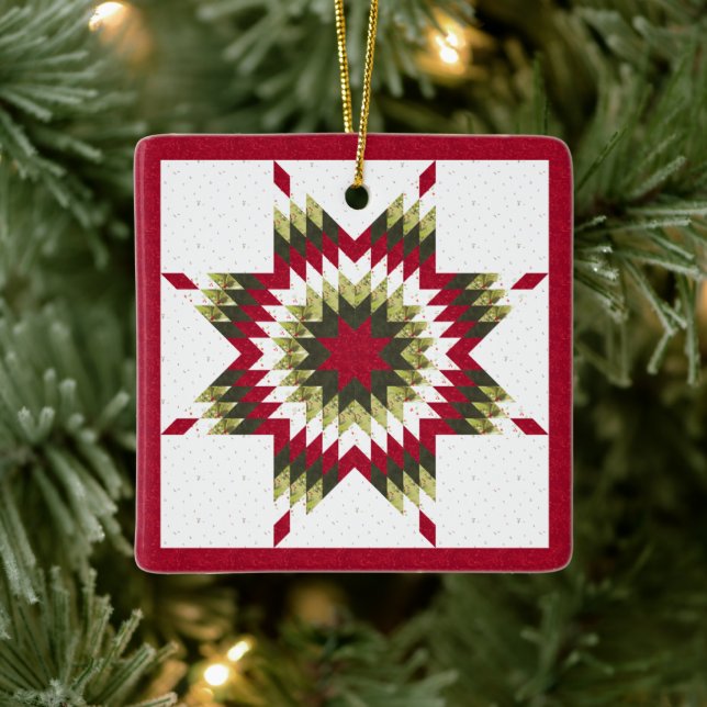 Holiday Lone Star Quilt Design Ceramic Ornament (Tree)