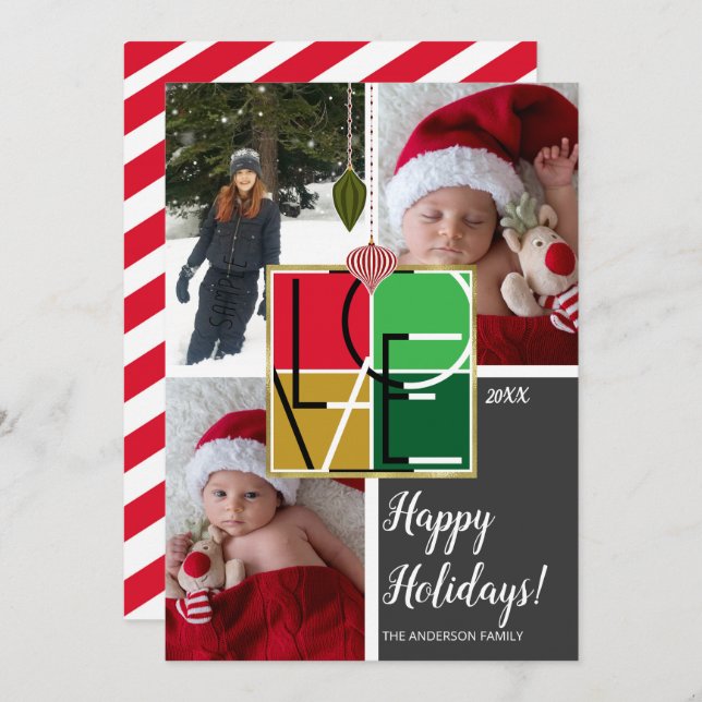 Holiday LOVE 3 Photos Minimal Christmas Photo Invitation (Front/Back)