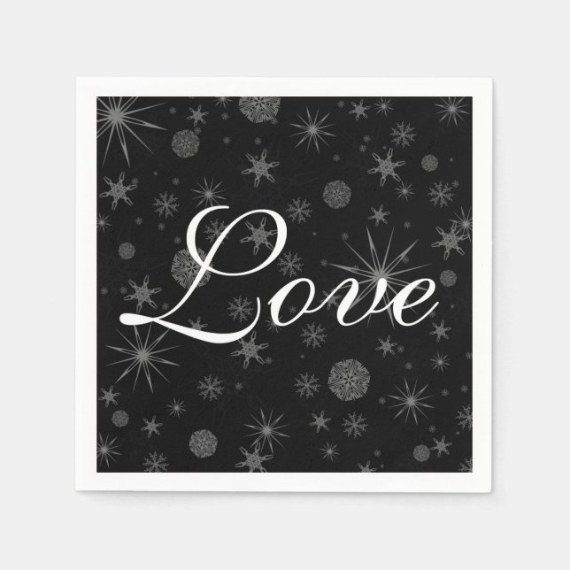 Holiday Love Black White Snowflakes Winter Wedding Napkin (Front)