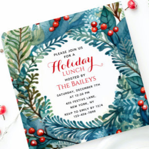 Holiday Lunch Elegant Christmas Floral Wreath Invitation