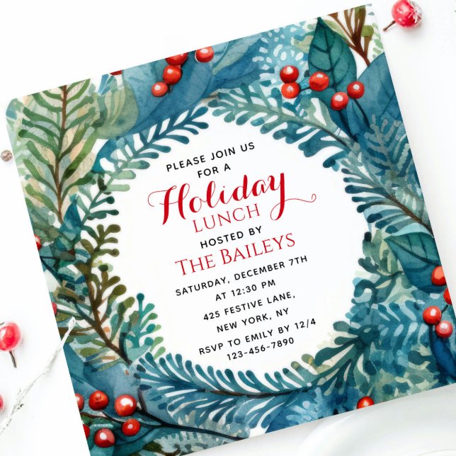 Holiday Lunch Elegant Christmas Floral Wreath Invitation (Creator Uploaded)