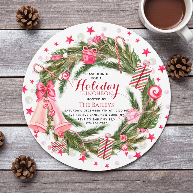 Holiday Luncheon Elegant Christmas Floral Wreath Invitation (Creator Uploaded)