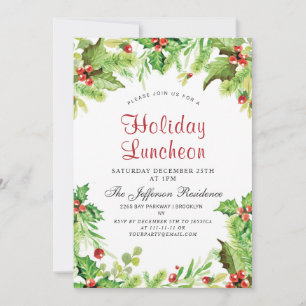 Holiday Luncheon Red Holly Berry  Christmas Invitation