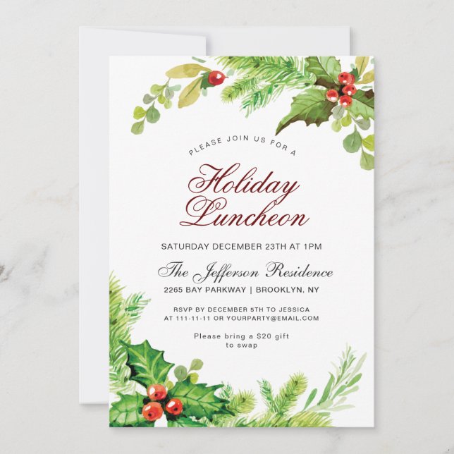 Holiday Luncheon Red Holly Berry  Christmas Invitation (Front)