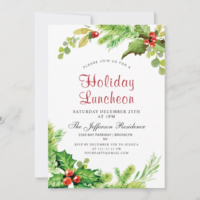 Holiday Luncheon Red Holly Berry  Christmas Invitation (Front)