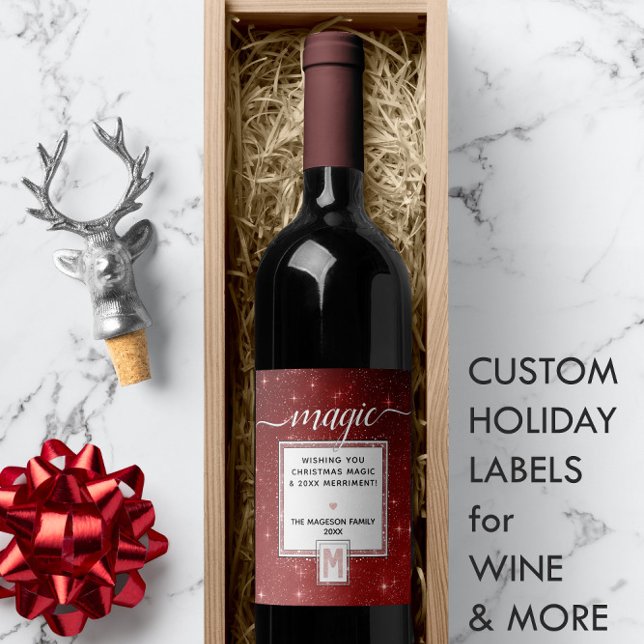 Holiday MAGIC Burgundy Blush Watercolor Monogram  Wine Label (Holiday MAGIC Burgundy Blush Watercolor Monogram Wine Label 🍷
)