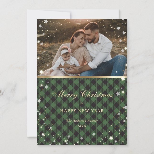 Holiday Magic Green Gold Plaid Photo Card (Front)