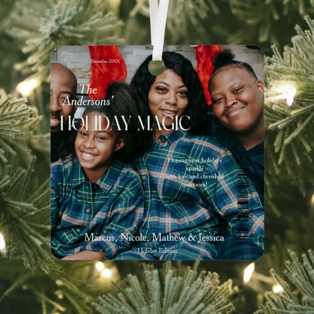 Holiday Magic Magazine Cover-Style Family Photo  Metal Tree Decoration (Insitu)