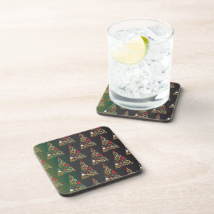 Holiday matte green gold Christmas tree pattern Coaster