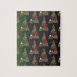 Holiday matte green gold Christmas tree pattern Jigsaw Puzzle