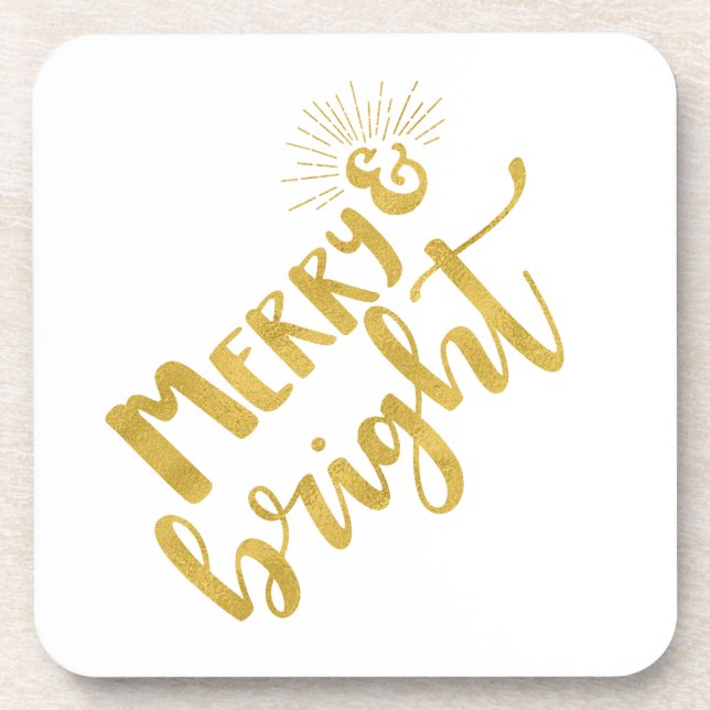 Holiday Merry and Bright Faux Gold Typography Coaster (Front)