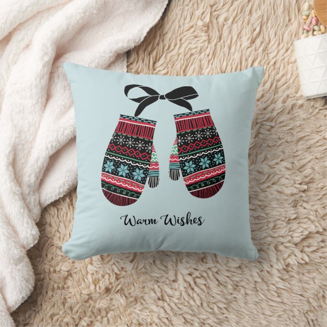 Holiday Mittens Warm Wishes Christmas Throw Pillow (Blanket)