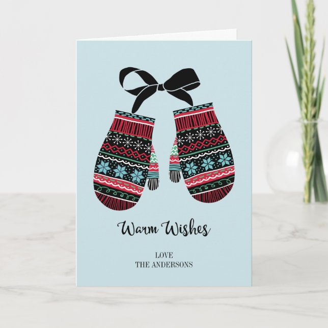 Holiday Mittens Warm Wishes Greeting Card (Front)