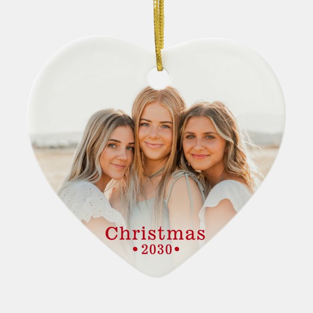 Holiday Modern Family Photo Heart Ceramic Ornament (Front)