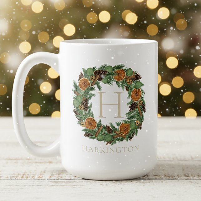 Holiday Monogram Elegant Dried Orange Pine Wreath  Coffee Mug (Creator Uploaded)