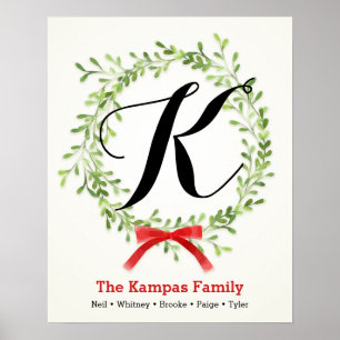 Holiday Monogram Family Print, Mistletoe Wreath Poster