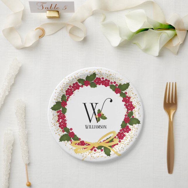 Holiday Monogram Initial W Personalised Paper Plate (Wedding)