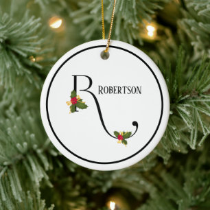 Holiday Monogram Letter R Personalised Ceramic Tree Decoration
