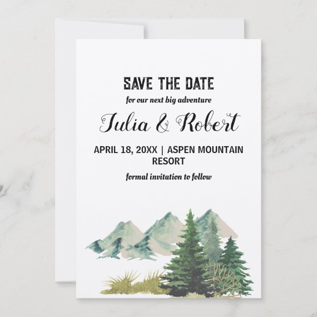 Holiday Mountain Pine Tree Outdoor Save the Date Invitation (Front)