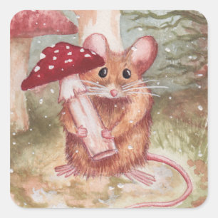 Holiday Mouse and Mushroom Square Sticker