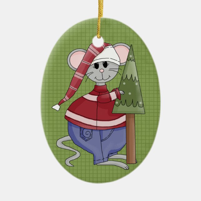 Holiday Mouse Ceramic Christmas Ornament (Front)