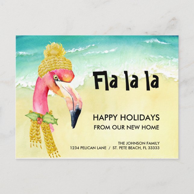 Holiday Moving Christmas Flamingo New Home Announcement Postcard (Front)