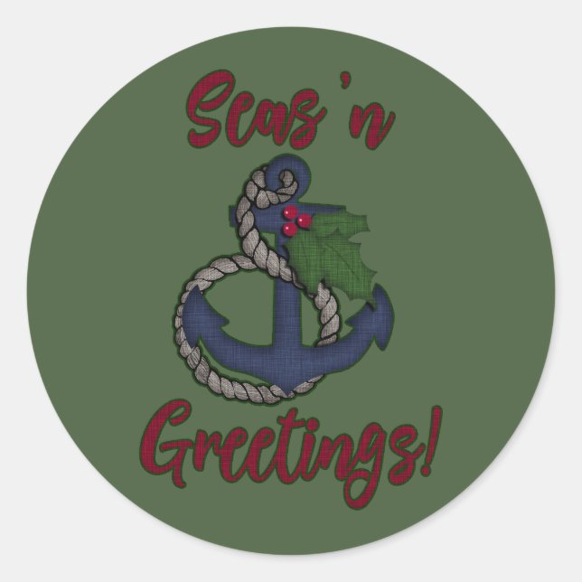 Holiday Nautical | Seas 'n Greetings Classic Round Sticker (Front)