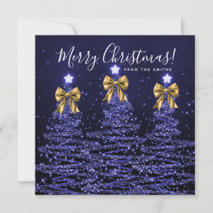 Holiday Navy Blue Christmas Trees Greeting Gold Card