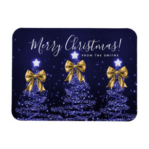 Holiday Navy Blue Christmas Trees Greeting Gold Magnet