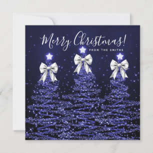 Holiday Navy Blue Christmas Trees Greeting Silver  Card