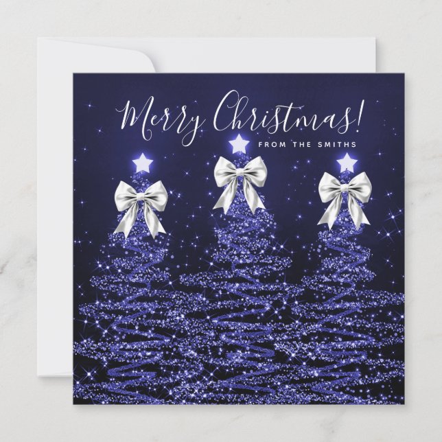 Holiday Navy Blue Christmas Trees Greeting Silver  Card (Front)
