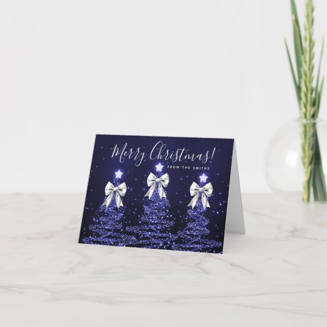 Holiday Navy Blue Christmas Trees Greeting Silver  Card (Front)
