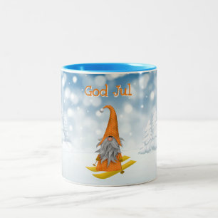 Holiday   Nisse skiing woodland snow orange Two-Tone Coffee Mug