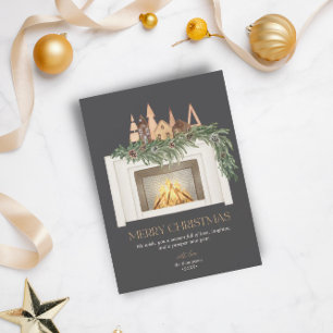 Holiday No Photo Watercolor Fireplace Scandi Trees Card