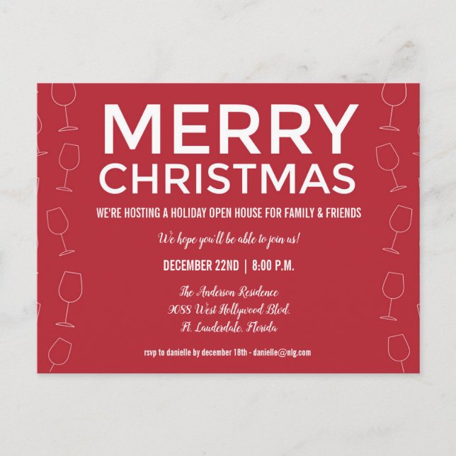 Holiday Open House Christmas Red Wine Party Invite Postcard (Front)