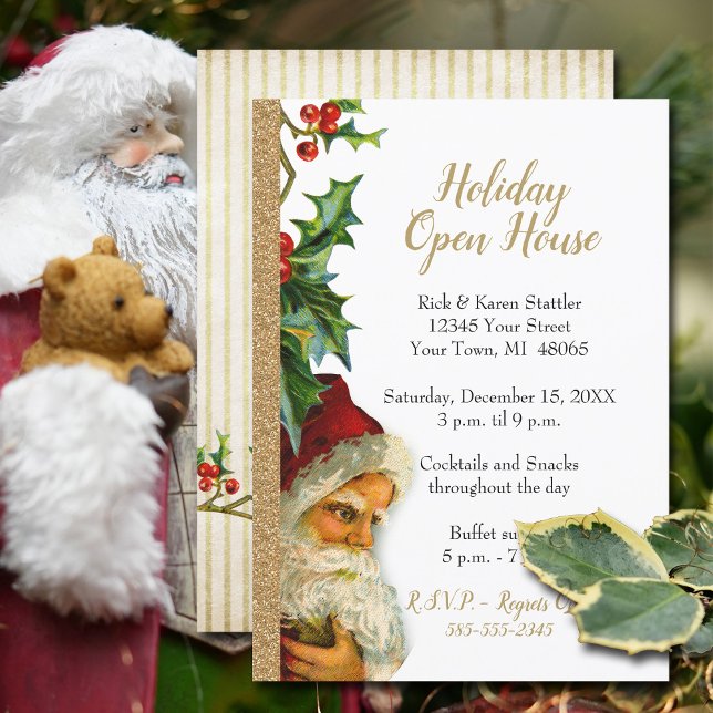 Holiday Open House Gold Glitter Santa Holly 5x7 Invitation (Festive Holiday Open House invitation with vintage Santa and faux gold glitter.)