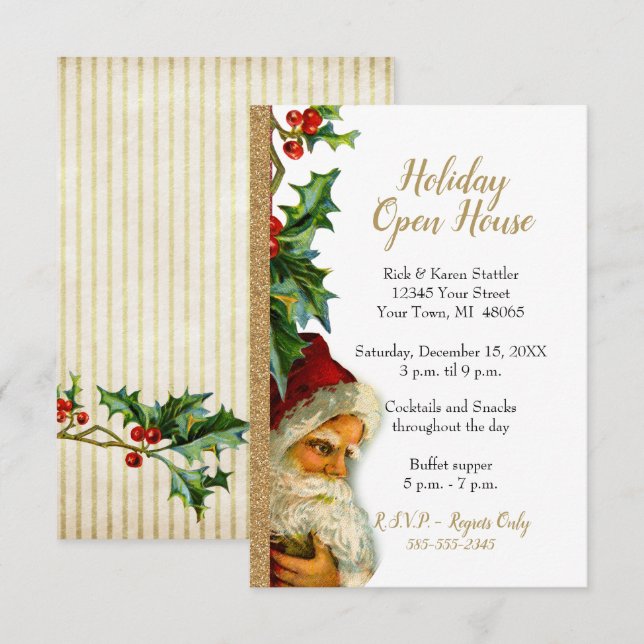 Holiday Open House Gold Glitter Santa Holly Invitation (Front/Back)