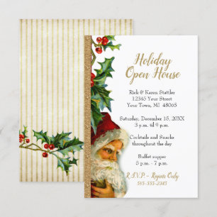 Holiday Open House Gold Glitter Santa Holly Invitation