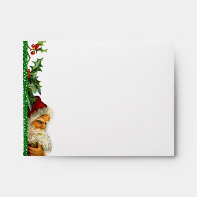 Holiday Open House Green Glitter Santa Holly Envelope (Front)