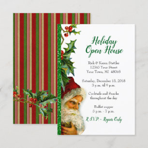 Holiday Open House Green Glitter Santa Holly Invitation
