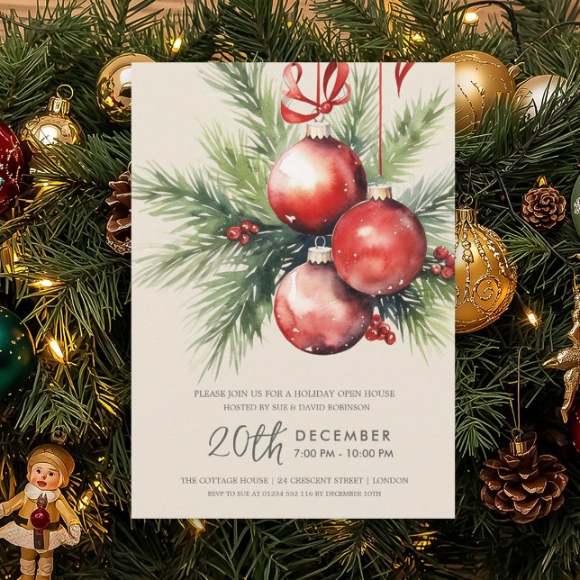 Holiday Open House Hand Painted Baubles Champagne  Invitation (Holiday Open House Hand Painted Baubles Champagne Invitation)