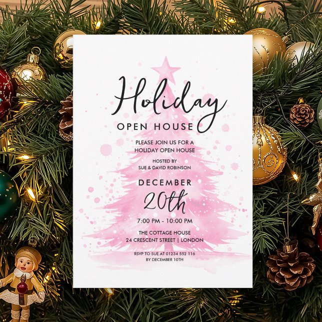 Holiday Open House Pink Hand Painted Tree Invitation (Holiday Open House Pink Hand Painted Tree Invitation)