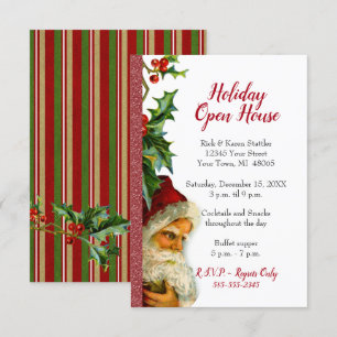 Holiday Open House Red Glitter Santa Holly Invitation