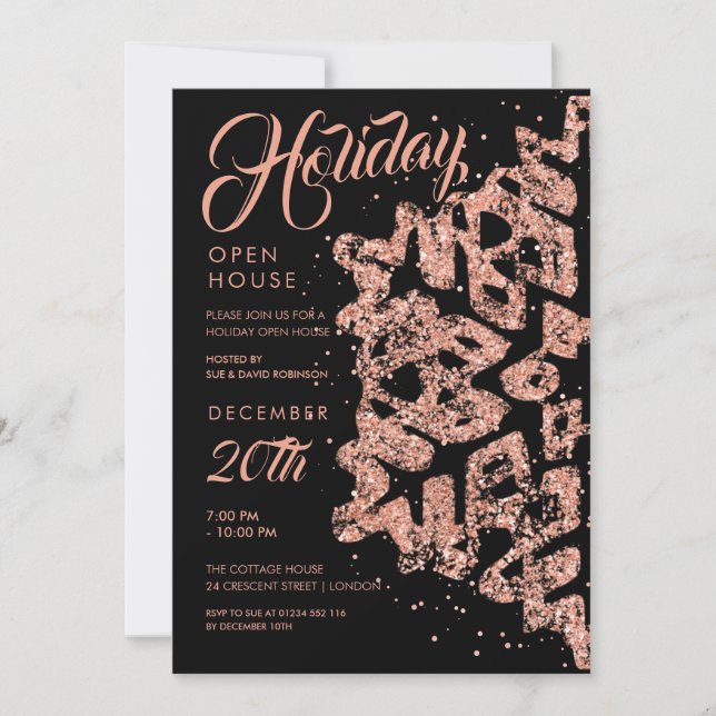 Holiday Open House Rose Gold Glitter Black Invitation (Front)