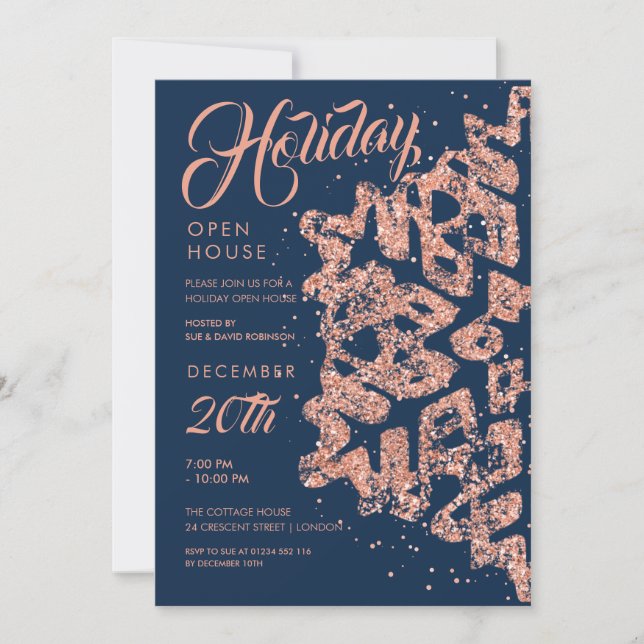 Holiday Open House Rose Gold Glitter Navy  Invitation (Front)