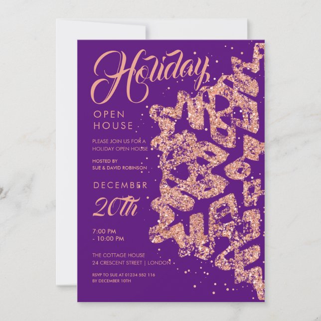Holiday Open House Rose Gold Glitter Purple  Invitation (Front)