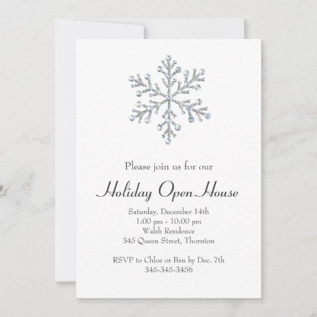 Holiday Open House with White Crystal Snowflake Invitation (Front)