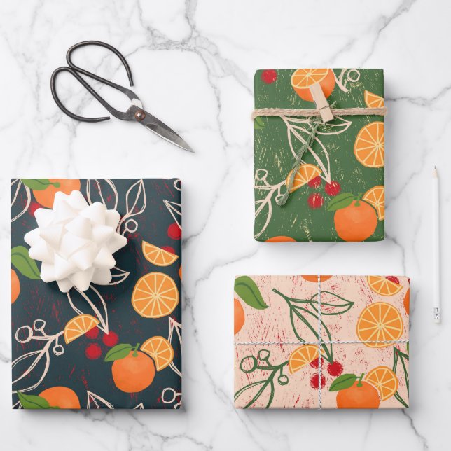 Holiday Oranges and Berries Wrapping Paper Sheet (Front)